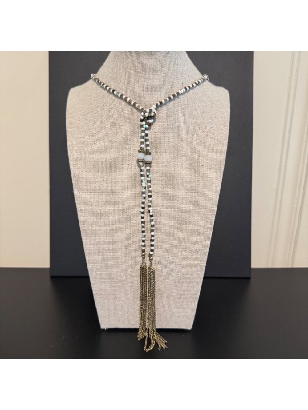 VTG Silver Tone White Bead Tassel Necklace Size 28" Length